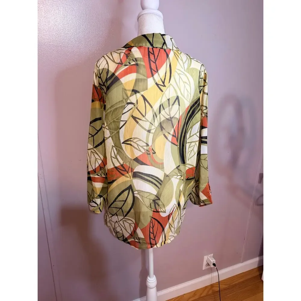 Alfred Dunner Women’s sheer abstract leaf-print button-down blouse size 12